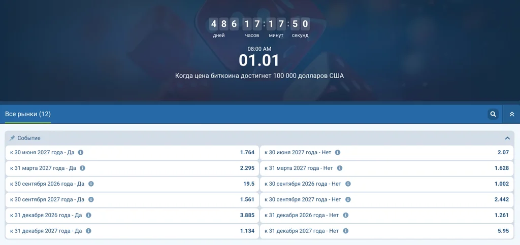 Countdown timer on a dark blue banner showing 48 days 17:17:50 and the Russian phrase 'Когда цена биткоина достигнет 100 000 долларов США'.