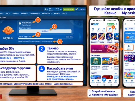 Статусы 1xBet в разделе VIP кешбэк казино