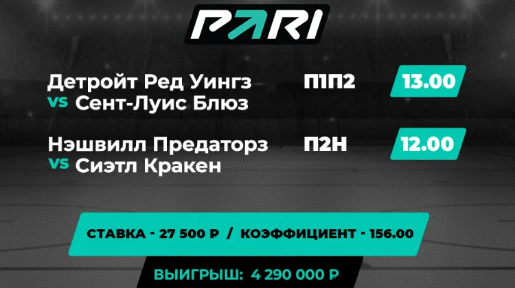 Клиент PARI выиграл более 4 млн рублей со ставки на НХЛ в 27 тыс. рублей