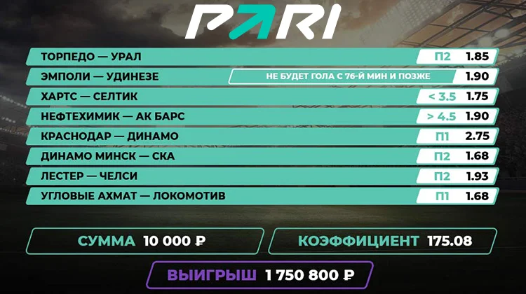 Клиент PARI собрал экспресс на сумму 10 000 рублей и выиграл почти 2 млн рублей