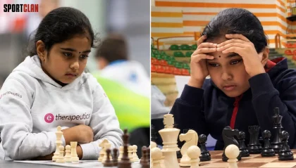 Split-screen of a chess match: left girl in a white hoodie concentrates on the board, right girl in a dark jacket holds her head in thought as she contemplates the game.