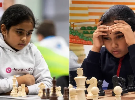 Split-screen of a chess match: left girl in a white hoodie concentrates on the board, right girl in a dark jacket holds her head in thought as she contemplates the game.