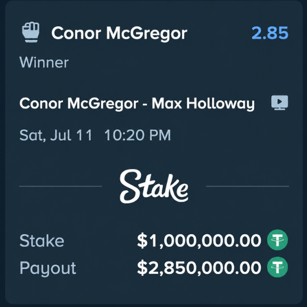 conor Winner card for a major bet: shows top line 'Winner', event title and date, with a large Stake logo and a alt=