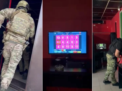 Three-panel collage: left shows a soldier in camouflage entering a doorway; center features a wall-mounted screen with a pink grid of numbered buttons; right shows a soldier in camouflage at a cafe counter near a green logo wall.
