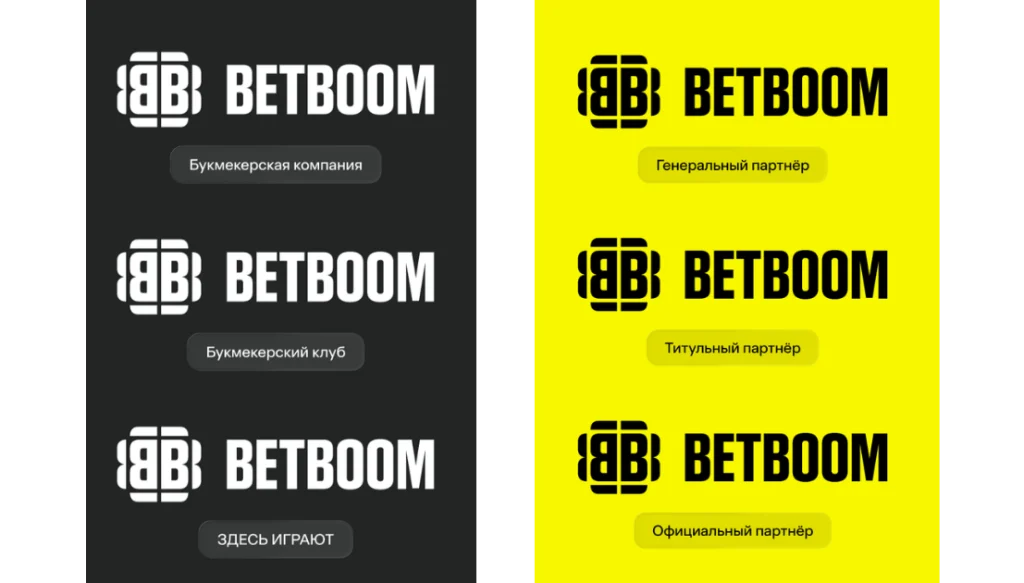 Ребрендинг Betboom logo blocks on dark left panel and bright yellow right panel, each with three rounded labels in Russian denoting partner roles (e.g., Генеральный партнер, Титульный партнер, Официальный партнер).