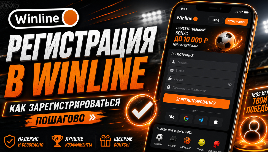 Promotional banner for Winline registration app in Russian, showing a smartphone with a registration form and large orange text 'Регистрация в Winline' on a dark, sporty background.