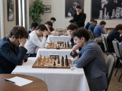 Several men in formal attire intensely study chessboards at a crowded tournament hall.