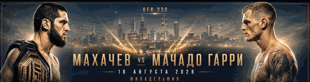 UFC 330 fight poster: two male fighters face off with a city skyline backdrop and bold Cyrillic names in the center, August 16, 2026, Philadelphia.
