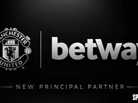 Manchester United crest next to a vertical divider and the betway logo, with 'NEW PRINCIPAL PARTNER' beneath (SPORTCLAN watermark bottom right).