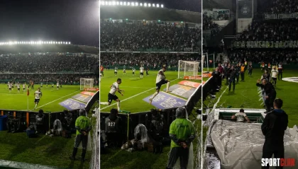 Nighttime soccer match with multiple panels: players near the sideline, substitute bench area, and a packed stadium under bright lights amid rain.