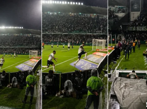 Nighttime soccer match with multiple panels: players near the sideline, substitute bench area, and a packed stadium under bright lights amid rain.