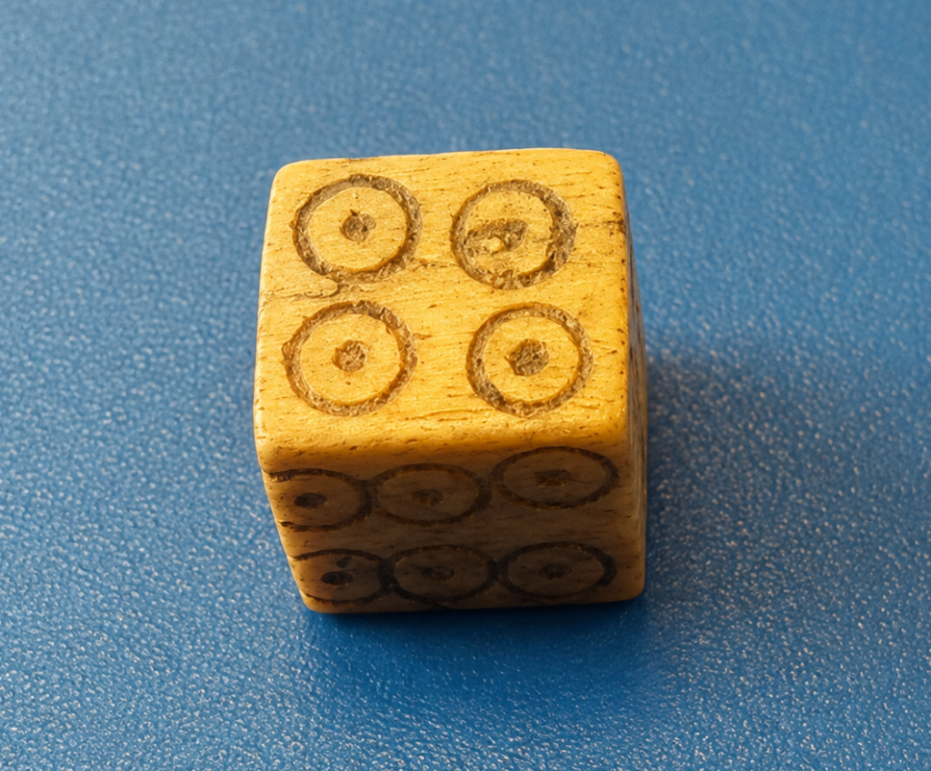 Wooden six‑sided die on a blue surface, top face showing four pips.