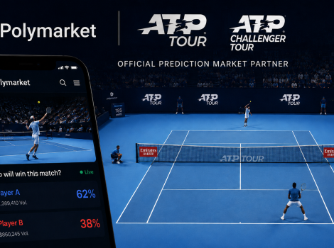 Promotional banner for Polymarket and ATP Tour showing a tennis match on a blue court and a live poll on a smartphone screen.