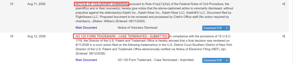 Docket list: 15 Notice of Voluntary Dismissal (Aug 11, 2026) and 16 AO 120 Form Trademark – Case Terminated – Submitted (Aug 12, 2026).