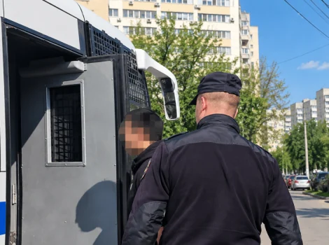 Police officer guiding a detainee into a barred police transport van on a city street; detainee's face blurred.