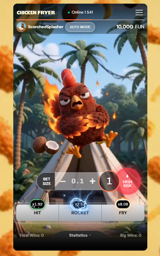 Mobile game screen showing an angry red chicken on a tent in a tropical jungle, with betting controls, a high‑risk indicator, and Hit/Rocket/Fry options at the bottom.