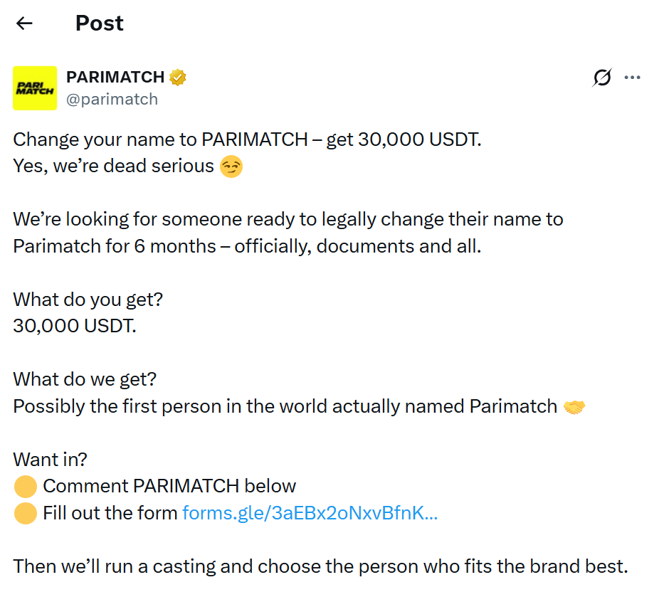 PARIMATCH tweet offering 30,000 USDT to legally change your name to Parimatch for 6 months, with form link and instructions to comment below.