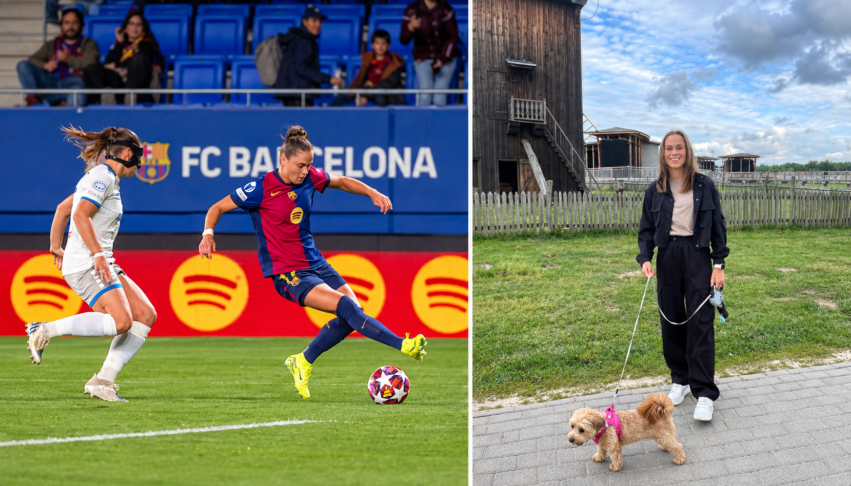 Left: FC Barcelona women’s soccer match with a player in blue‑maroon kicking the ball as a defender watches. Right: woman in black walks a small dog on a leash near a wooden fence and rustic buildings.