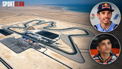 Aerial view of a desert race track with pit buildings; SPORTCLAN logo in the corner and two driver portraits on the right.”,
