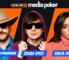 Promo banner for WINLINE Media Poker featuring three hosts: Андрей Бебуришвили on the left with a tan hat and sunglasses, holding a toothpick; Слава КПСС in the center wearing a burgundy hoodie and black sunglasses; Ольга Парфенюк on the right in a coral jacket. Bright blue Cyrillic name tags under each head, orange angled panels, and a dark patterned background with the 'WINLINE media poker' logo at the top.